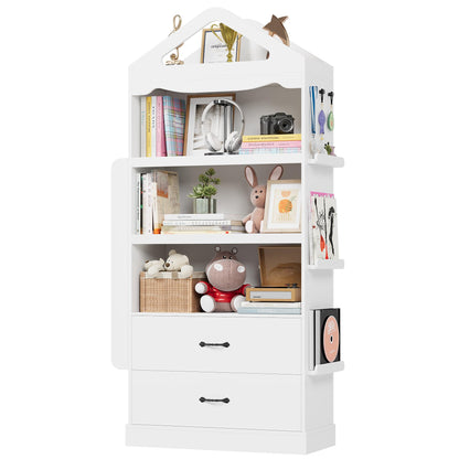 HOSTACK 71" Tall White Kids Bookcase with 2 Drawers and 4-Tier Shelving for Toys and Books - WoodArtSupply