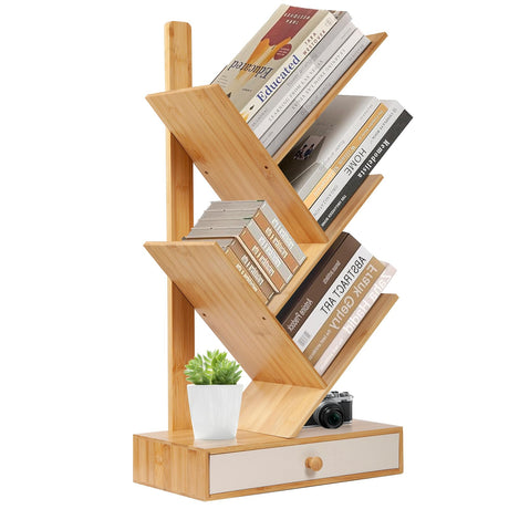 PERFECYEE 4 Tier Tree Bookshelf with Drawer, Small Bookcase, Desktop Bookshelf Floor Standing Bookcase Display for Living Room, Bedroom, Natural PERFECYEE