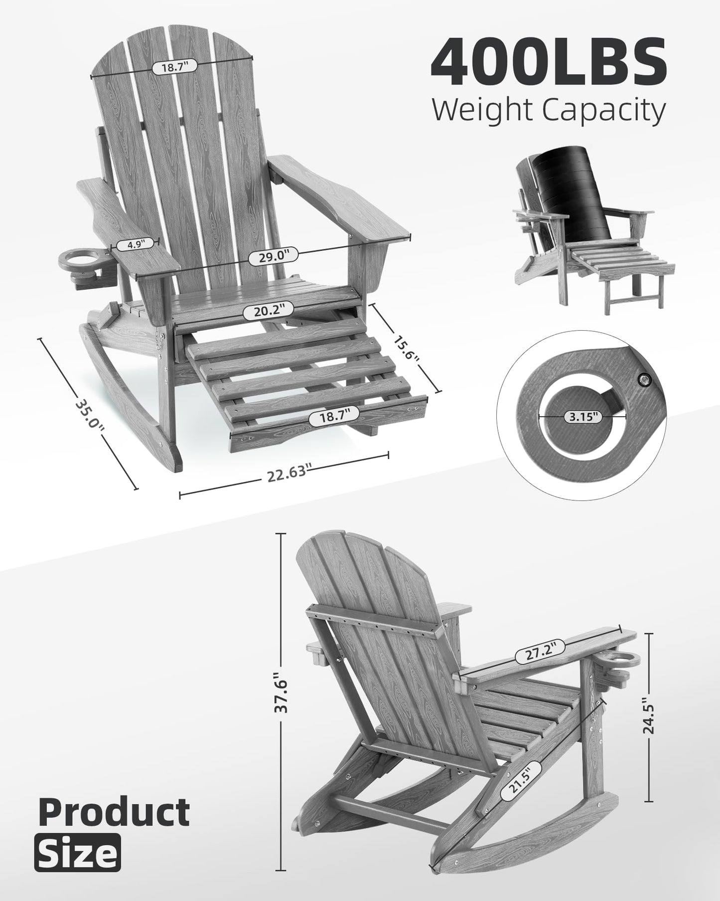 Serique 4-in-1 Multifunctional Folding Adirondack Rocking Chair, Patio Chair with Retractable Ottoman, Outdoor Chair Wood Texture, Lawn Chair for Porch, Backyard, Pool(Grey) - WoodArtSupply