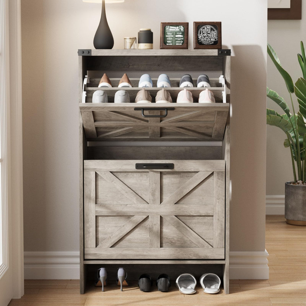 Halitaa Shoe Storage Cabinet for Entryway,Farmhouse Slim Shoe Cabinet with 2 Flip Drawers,Narrow Shoe Rack Cabinet for Entrance Hidden Shoes,Grey Halitaa