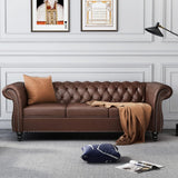 AVZEAR Chesterfield Leather Sofa 3 Seater Couch, Mid-Century Large Sofa Roll Arm Classic Tufted Settee Modern PU Sofa with Channel Tufted Seat Back for Living Room, Office, Apartment, PU Brown AVZEAR
