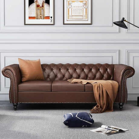 AVZEAR Chesterfield Leather Sofa 3 Seater Couch, Mid-Century Large Sofa Roll Arm Classic Tufted Settee Modern PU Sofa with Channel Tufted Seat Back for Living Room, Office, Apartment, PU Brown AVZEAR