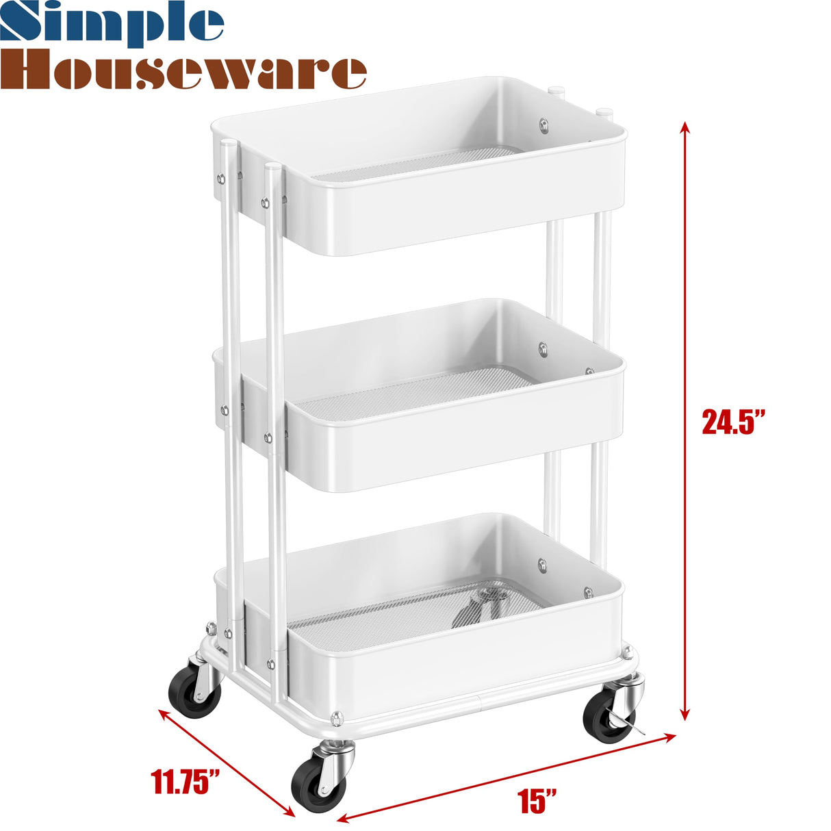 Simple Houseware 3-Tier Compact Utility Rolling Cart, Low 24” Height Fits Under Desk, Space-Saving Storage for Home Office, Dining Room, or Kitchen, White Simple Houseware