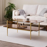 LumFurn Rectangle Coffee Table, Mid-Century Modern Design, L41 W21 x H17, for Living Room, 2-Tier Structure, Amber Glass Top and Walnut MDF Shelf, Sleek Conical Metal Legs with Gold Finish LumFurn