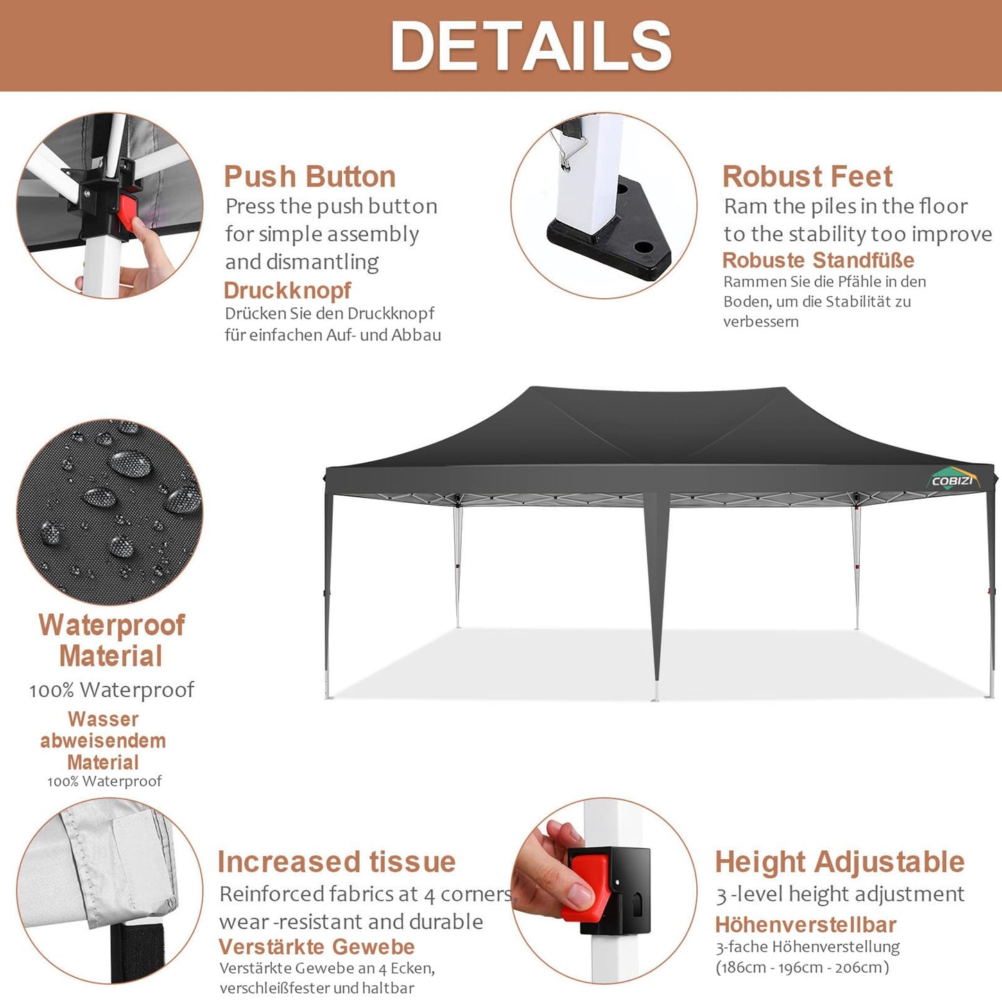 COBIZI Canopy 10x20 Pop Up Canopy 3.0, Commercial Tent with Sidewalls, Party Wedding Tents for Parties Pavilion UV50+&Waterproof Gazebos for Patio Outdoor Party Events, Black(Frame Upgraded)