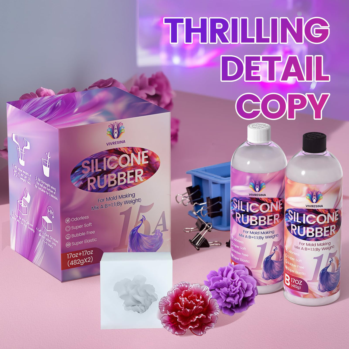 Vivresina Silicone Mold Making Kit 34 OZ with Mold Housing, 15A Super Elastic Liquid Platinum Rubber Translucent Clear for Fidget Pad Resin Molds Silicone Molds Vivresina