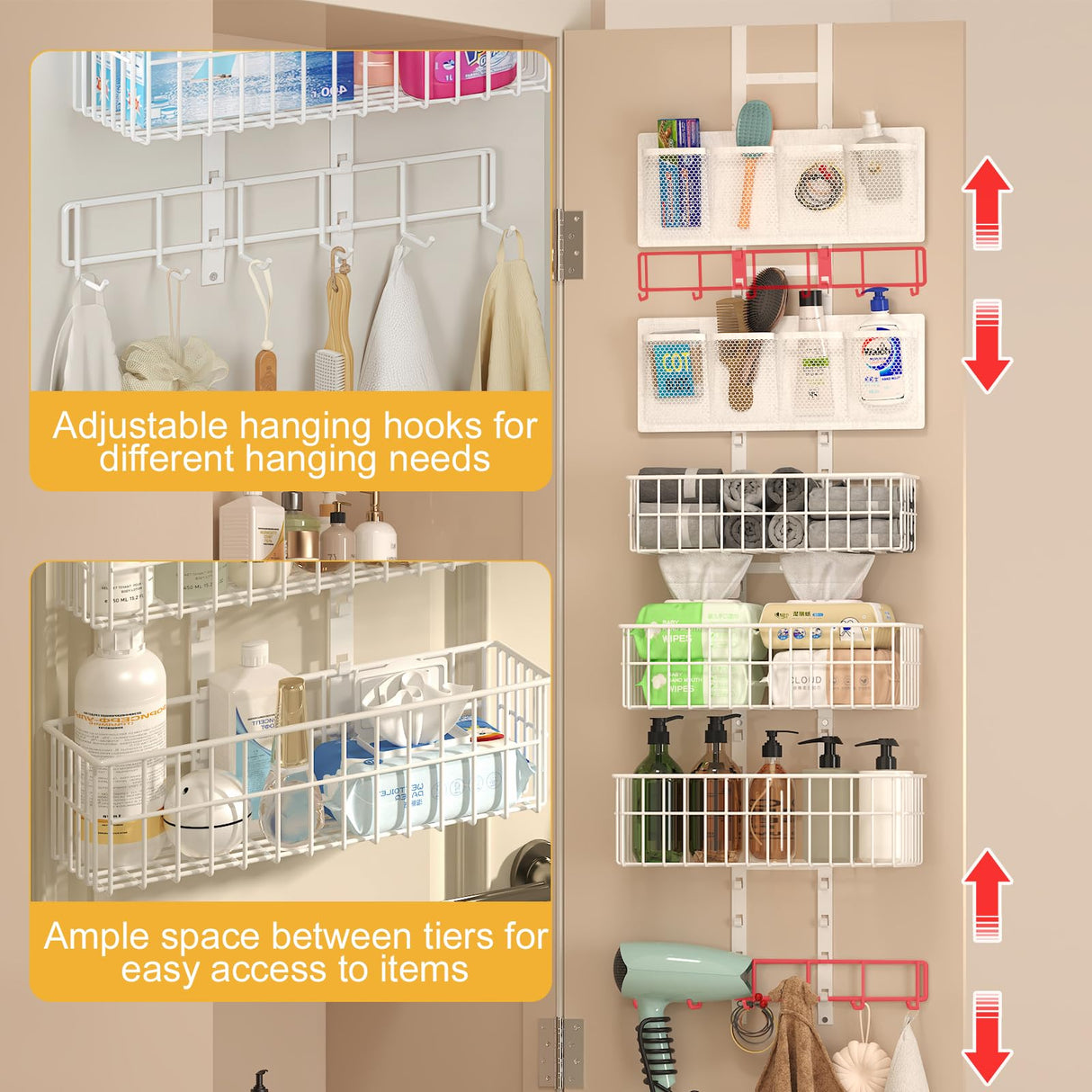 Hongtamoya Adjustable Over The Door Organizer - Hair Dryer Holder, Hanging Door Organizer with 8 Pockets 3 Metal Baskets 6 Hook, Behind Door Organizers and Storage for Bathroom Closet Cabinet Bedroom Hongtamoya