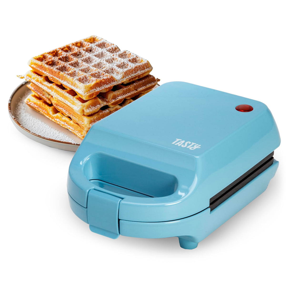 Tasty Mini Nonstick Waffle Maker, Perfect for Individual Waffles, Hash Browns, Brownies and more, Quick Results, Easy Clean Up, 600W, Blue Tasty