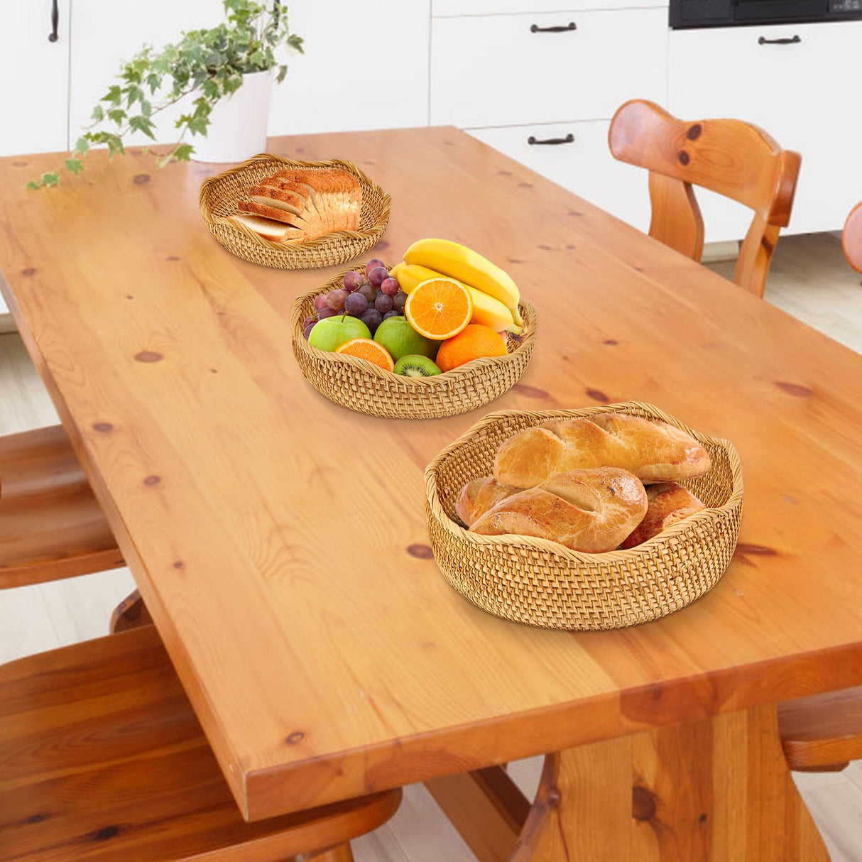 3 Pack Natural Rattan Round Fruit Basket Bowls,Rattan Bread Basket,Woven Serving Basket Bowls,Organizing Handmade Rattan Storage Baskets for Kitchen, Home, set of 3 Size JINSHIYANG