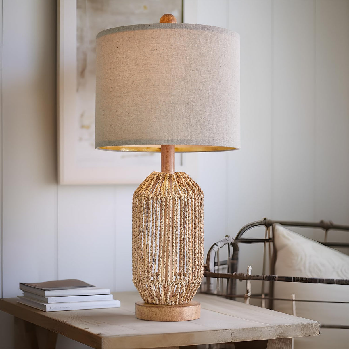 OYEARS 21" Boho Table Lamps Set of 2 for Living Room, Bedside Lamps for Nightstand, Rattan Lamp for Bedroom, Farmhouse Table Lamps for Boho Decor, End Table, Retro, Brown OYEARS