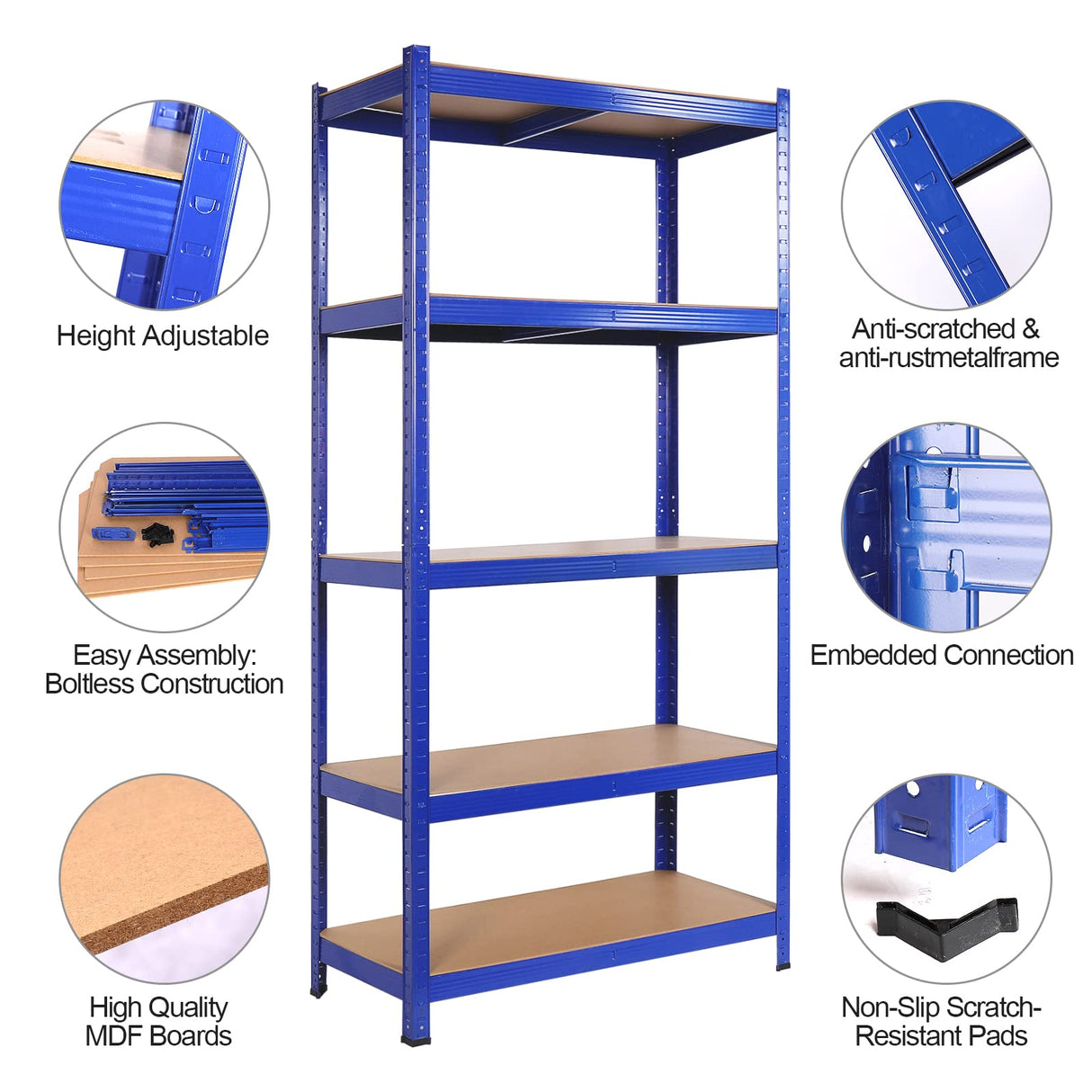 Wefrib Heavy Duty Shelf - Garage Shelving Units with 5 Tier Shelves Heavy Duty Rack with a max Load of 1900lbs for Garages, Sheds, Warehouses, Workshops (Blue, L) Wefrib