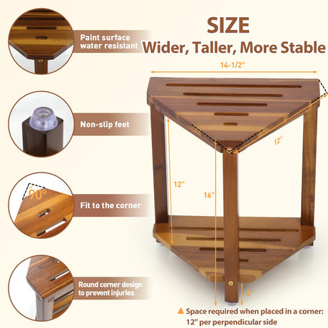 IBosins 16in Shower Foot Rest Corner Shower Stool for Shaving Legs with Storage Shelf Small Bench for Inside Shower to Sit on Bath Seat - Acacia Wood IBosins