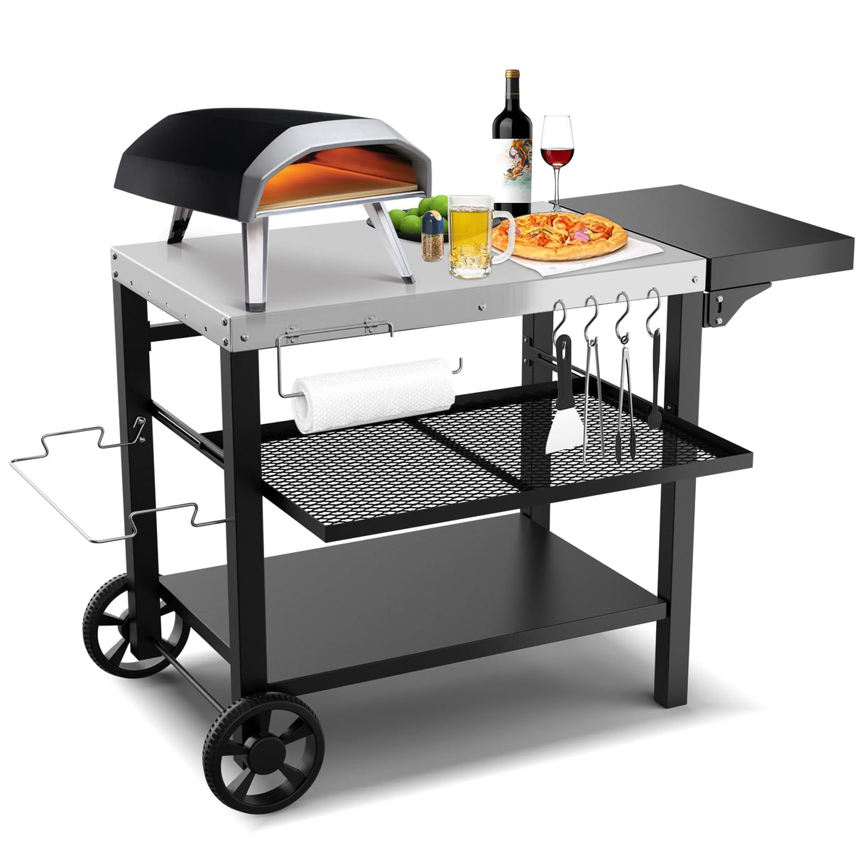 Outdoor Kitchen Island, Grill Table Cart with Drawer, Pizza Oven Stand, Movable 3-Shelf Prep Table with Side Table for Ninja Woodfire, Ooni Pizza Oven, Blackstone Griddle, Cuisinart, Cooking Station BBQMall