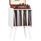 LELELINKY Record Player Stand,Vinyl Record Storage Table with 4 Cabinet Up to 100 Albums,Mid-Century Modern Turntable Stand with Wood Legs,White Vinyl Holder Display Shelf for Bedroom Living Room LELELINKY
