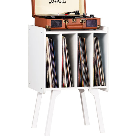 LELELINKY Record Player Stand,Vinyl Record Storage Table with 4 Cabinet Up to 100 Albums,Mid-Century Modern Turntable Stand with Wood Legs,White Vinyl Holder Display Shelf for Bedroom Living Room LELELINKY