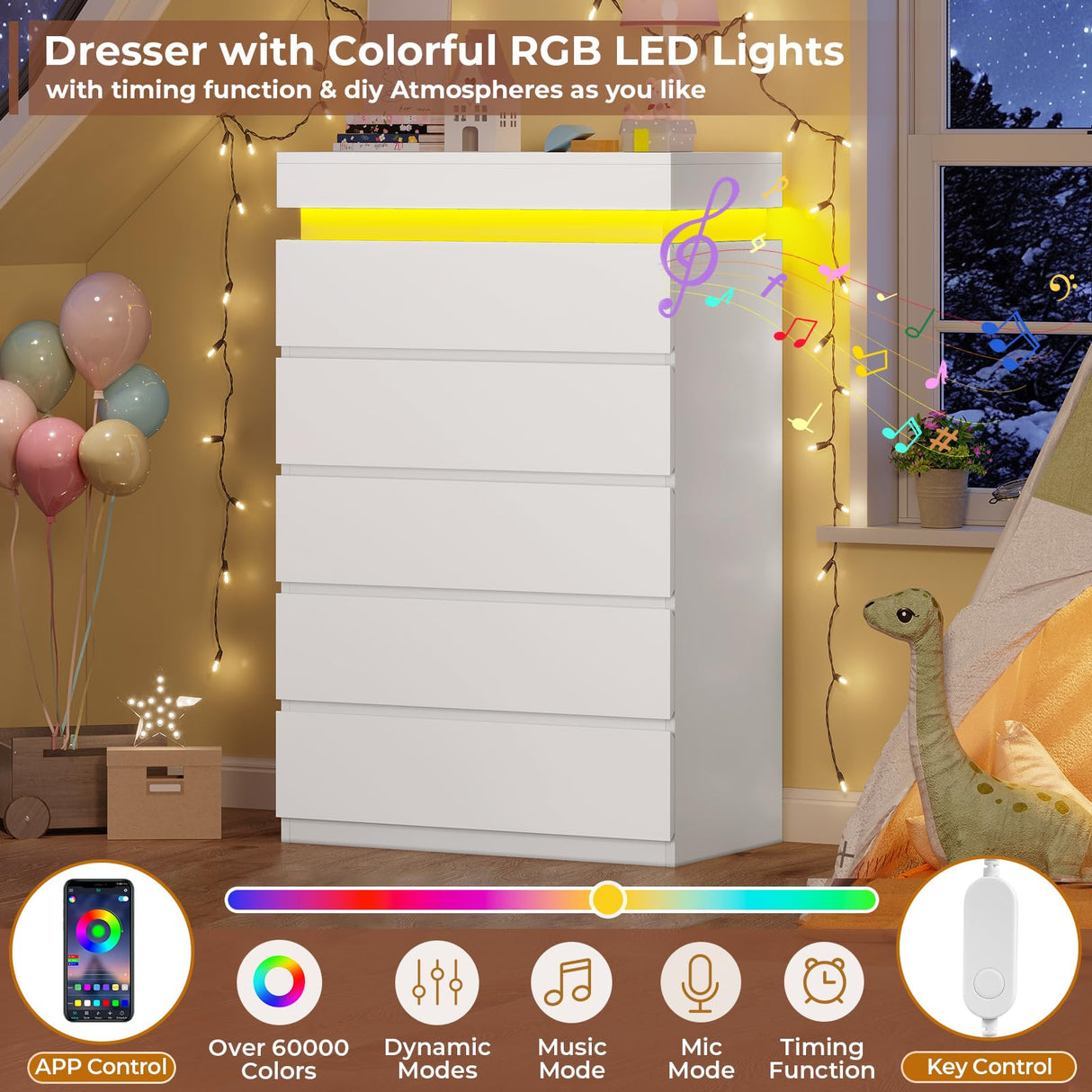 HAUOMS Tall 5 Drawer Dresser with LED Light, White Modern Chest of Drawers for Bedroom,Closet Dressers with Drawers for Living Room, Entryway, Hallway HAUOMS