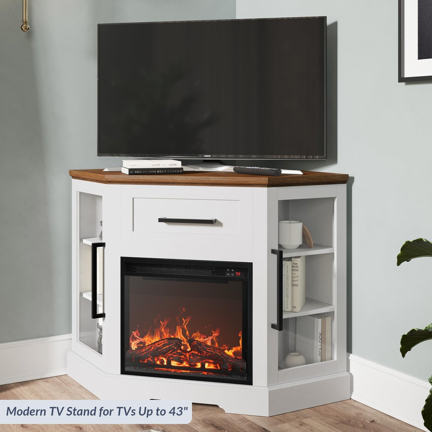 BELLEZE 43" Corner TV Stand with 18" Electric Fireplace Heater for TVs up to 43", Modern Corner Wood Entertainment Center with Glass Door Storage Cabinets - Dale (White)