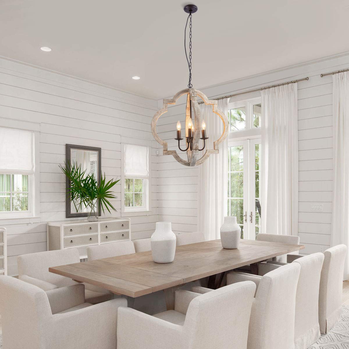 VILUXY Farmhouse Wood Chandelier Geometric Lantern Pendant Light 4-Light for Indoor Kitchen Island Dining Living Room Foyer VILUXY