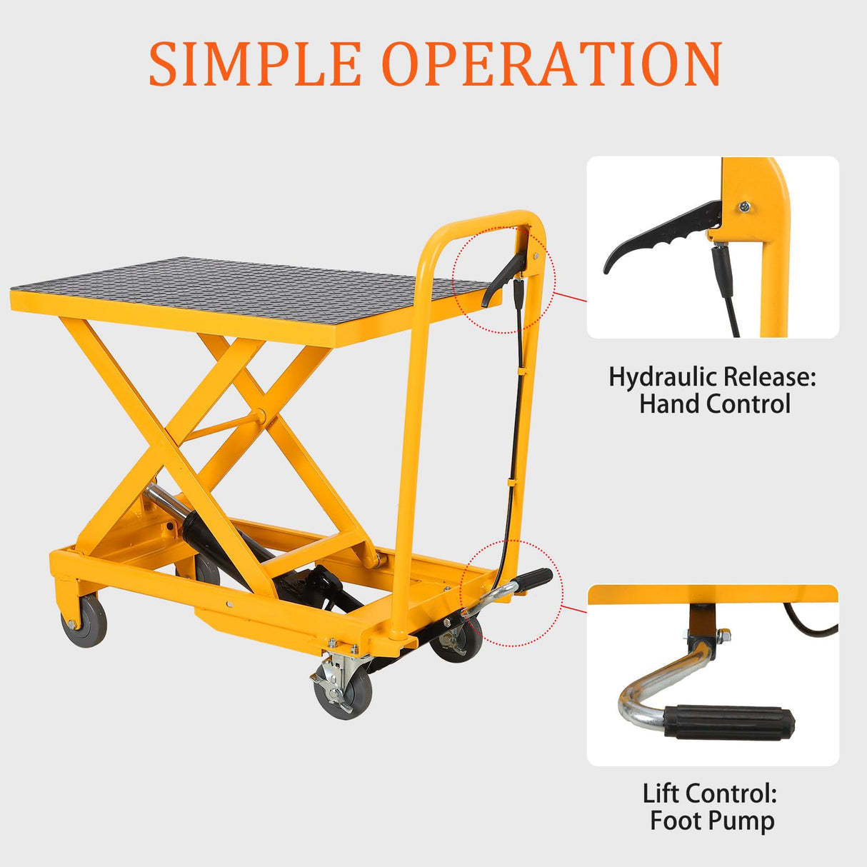 1100lbs Hydraulic Lift Table Cart, 34" Lifting Height, Manual Single Scissor Lift Table with 4 Wheels and Non-Slip Pad, Hydraulic Scissor Cart for Material Handling, Yellow EliteEdge