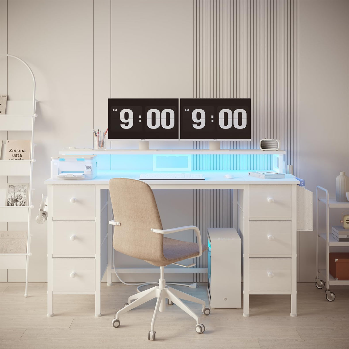 Lufeiya White Computer Desk with Fabric Drawers & Storage Shelves, 47 inch Home Office Desk with Monitor Stand, Gaming Desk with LED Lights and Power Outlets, White Lufeiya