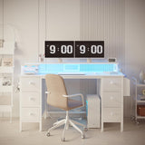 Lufeiya White Computer Desk with Fabric Drawers & Storage Shelves, 47 inch Home Office Desk with Monitor Stand, Gaming Desk with LED Lights and Power Outlets, White Lufeiya