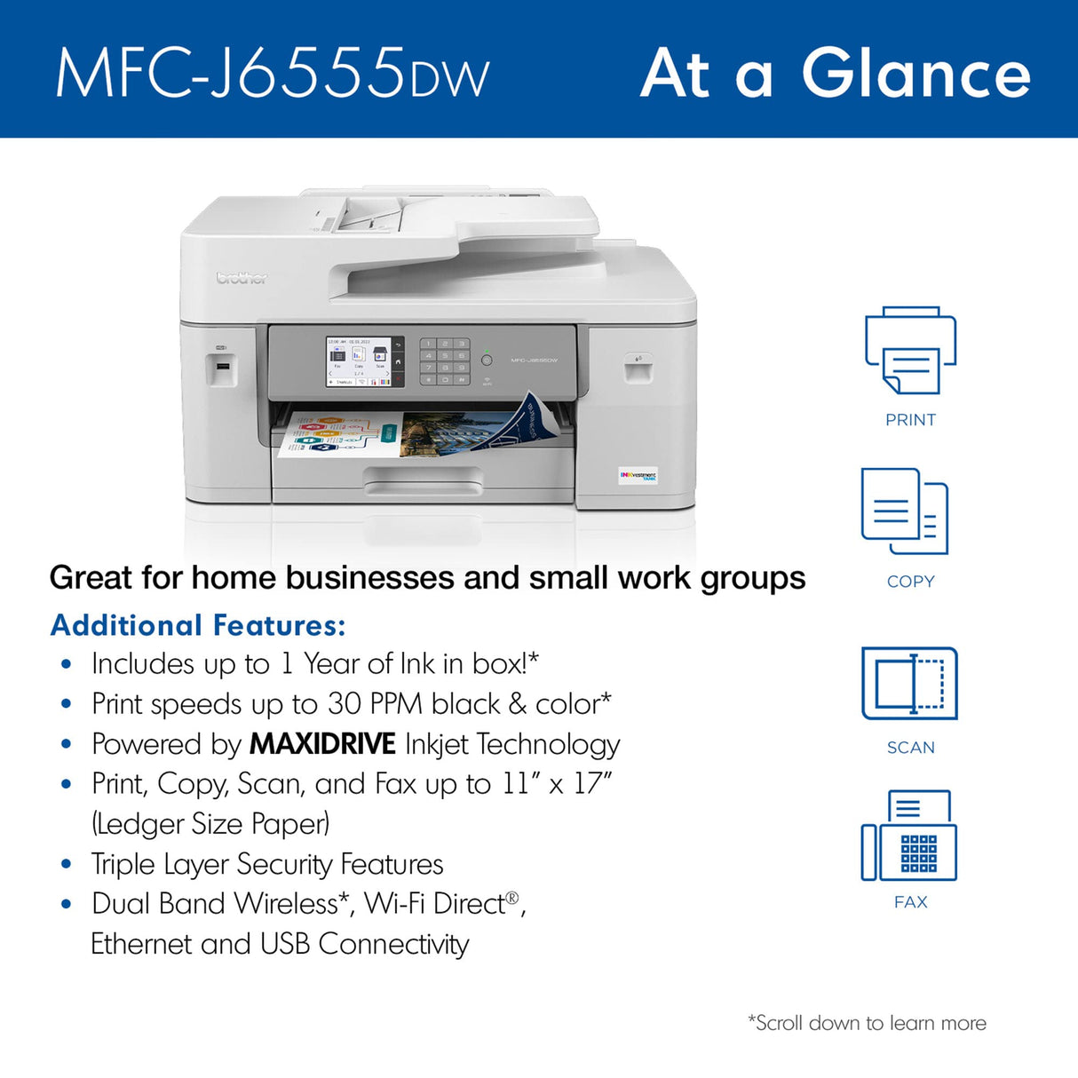 Brother MFC-J6555DW INKvestment Tank Color Inkjet All-in-One Printer with up to 1 Year of Ink in-box1 and 11” x 17” Print, Copy, scan, and fax Capabilities,White Brother