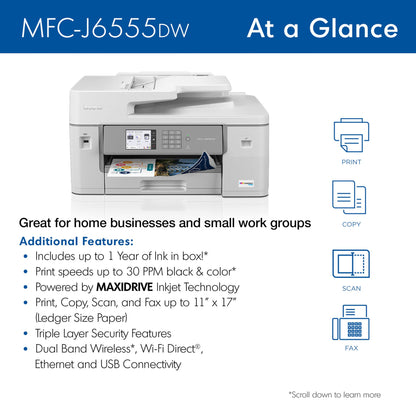 Brother MFC-J6555DW INKvestment Tank Color Inkjet All-in-One Printer with up to 1 Year of Ink in-box1 and 11” x 17” Print, Copy, scan, and fax Capabilities,White