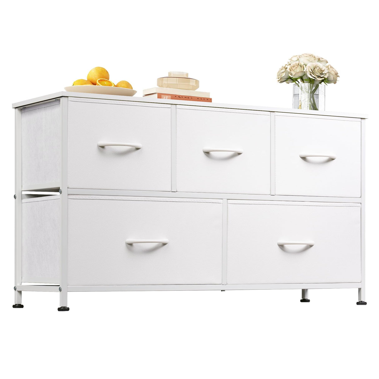 WLIVE Dresser for Bedroom with 5 Drawers, Wide Chest of Drawers, Fabric Dresser, Storage Organization Unit with Fabric Bins for Closet, Living Room, Hallway, White WLIVE