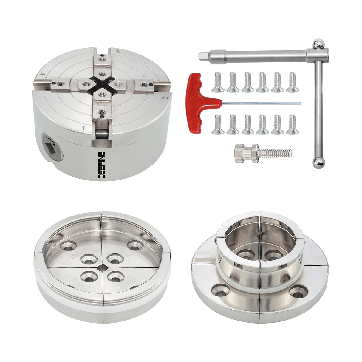 DEEFIINE 4 Inch Wood Lathe Chuck Set 1-1/4"- 8 tpi thread, Nickel Plated Self Centering 4 Jaw Wood Turning Chuck set (2PCS jaws) DEEFIINE