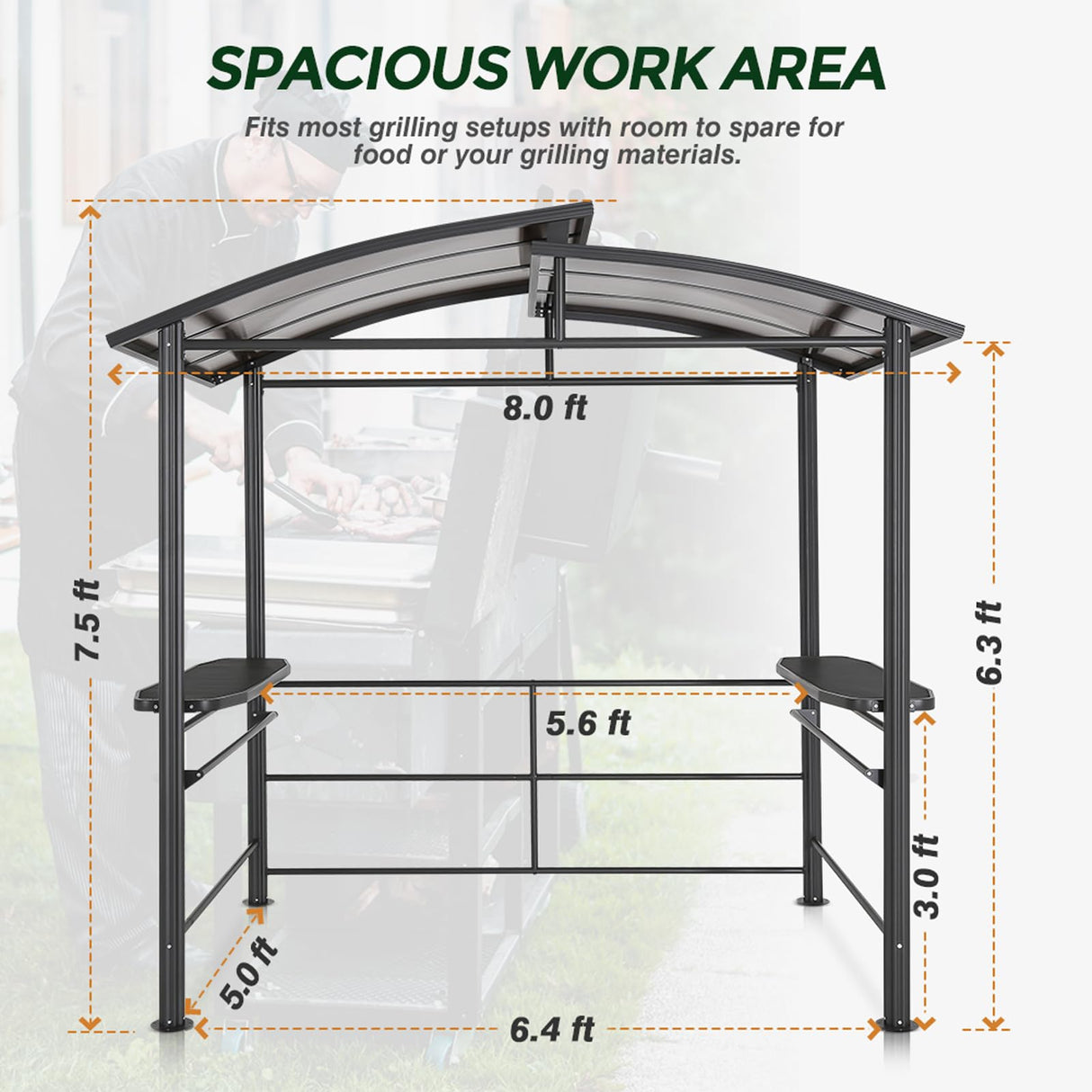 COOS BAY 8x5 Barbeque Grill Gazebo Outdoor BBQ Gazebo Canopy, Steel Frame Double-Tier Polycarbonate Top Canopy with Shelves Serving Tables COOS BAY