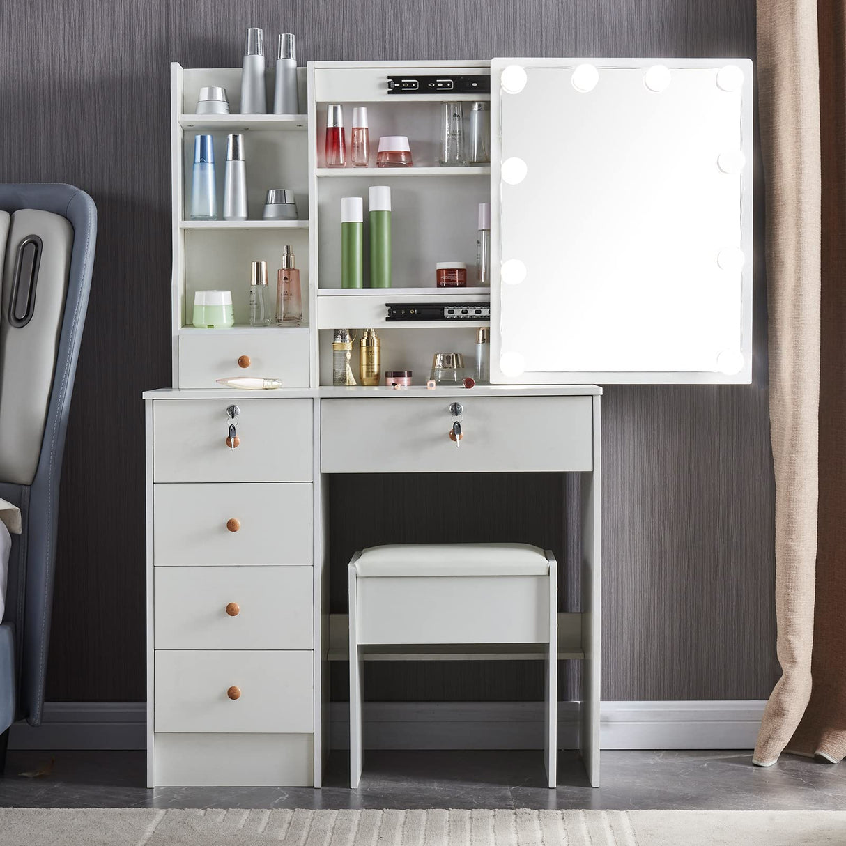 Kkonetoy Makeup Vanity with Lights, Vanity Desk with Sliding Mirror and 10 LED Lighted Bulbs, White Modern Dressing Table with 5 Drawers for Bedroom Kkonetoy