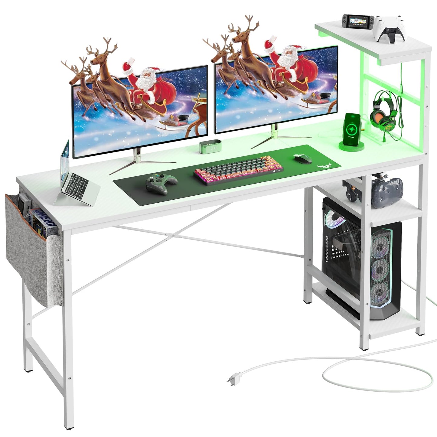 Bestier Gaming Desk with Power Outlets, 61 Inch Large Led Gamer Desk with 4 Tiers Reversible Shelves, PC Gaming Table with Headset Hook & Side Storage Bag for Bedroom (White 3D Carbon Fiber)