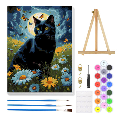 HEIBAGO Moon Paint by Numbers Kit for Adults with Framed Canvas Easel, Black Cat Paint by Numbers for Adults Beginner, Butterfly DIY Acrylic Oil Painting Kits Arts Crafts for Wall Decor 12x16inch