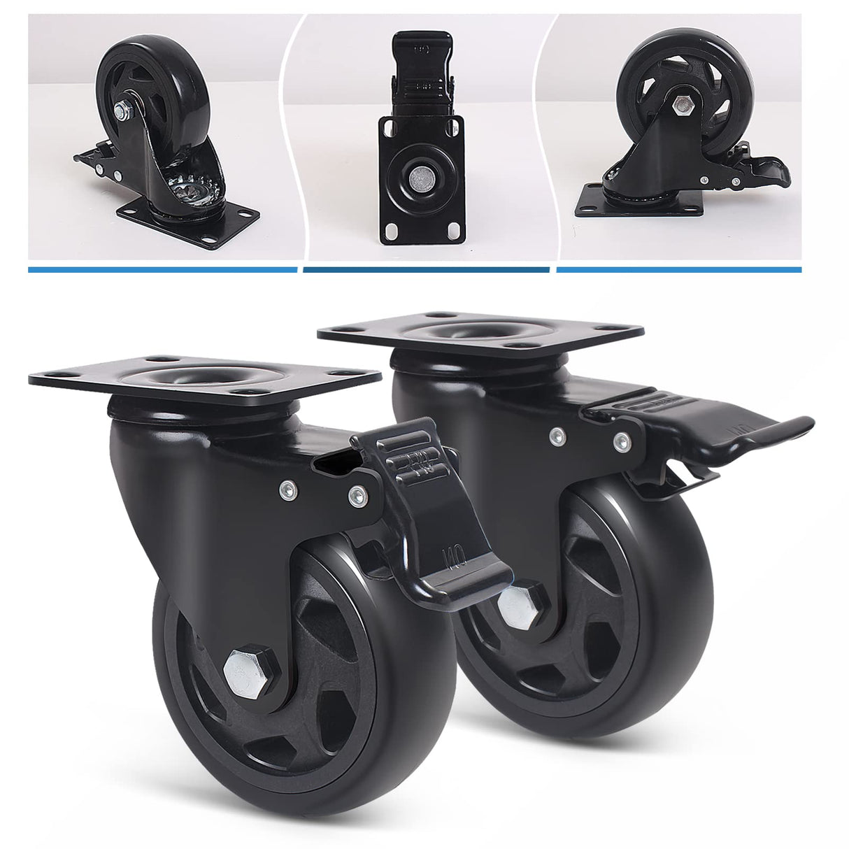 4 Inch Swivel Plate Caster Wheels, All Black Heavy Duty Casters Set of 4 with Brake, Polyurethane Locking Caster Wheels for Cart, Workbench, Load 2000lbs Wieyunn