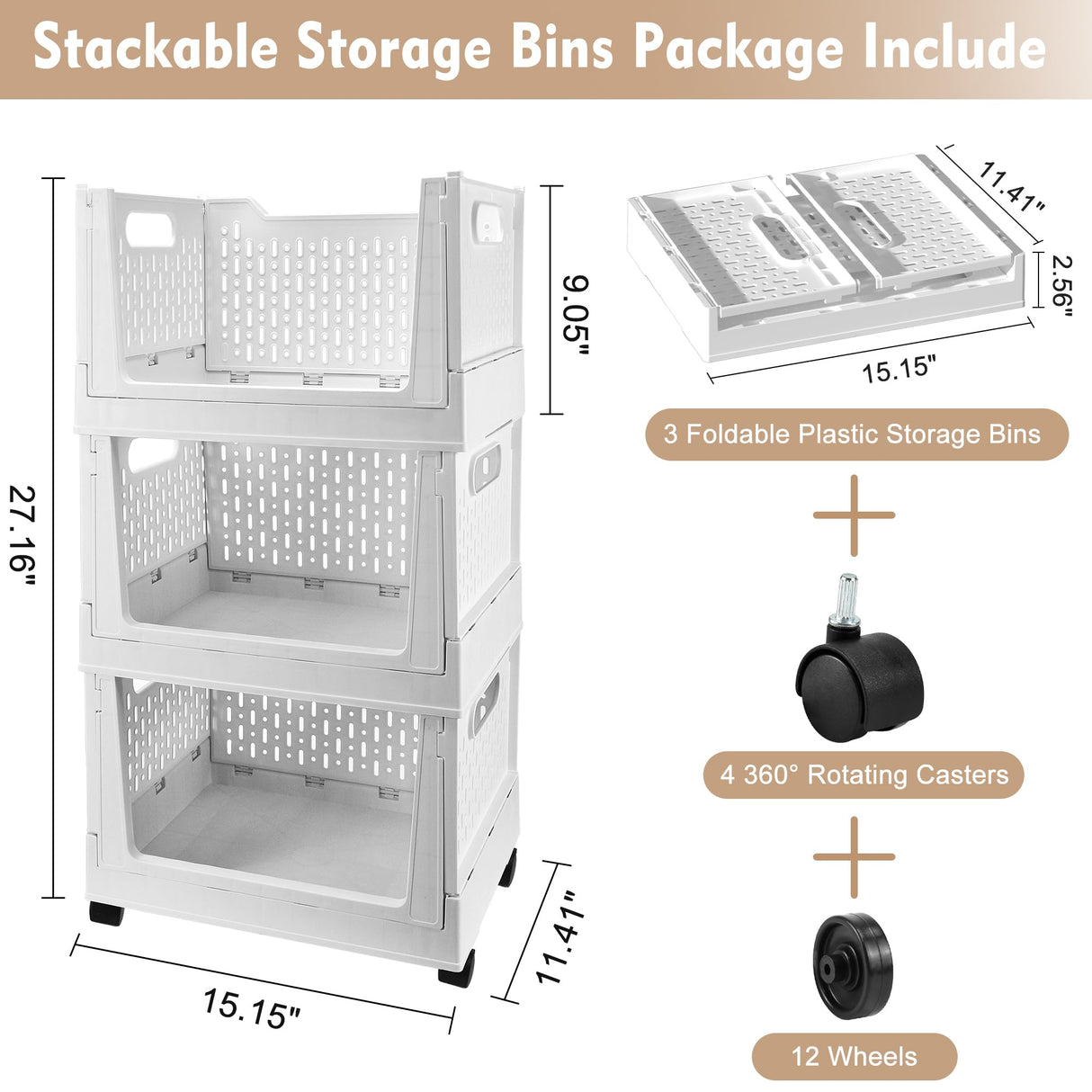 Stackable Plastic Storage Basket, 3 Pack Foldable Closet Organizers and Storage Bins with Wheels, Collapsible Drawer Shelf Storage Box Container for Office Bedroom Closet Wardrobe Kitchen Bathroom BUZIFU