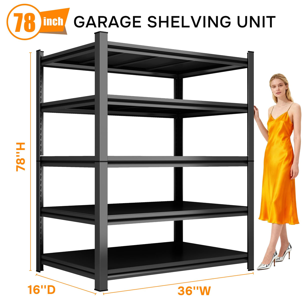 78''H Garage Shelving Heavy Duty Garage Storage Shelves, 3000 LBS Adjustable 5 Tier Industrial Shelving Unit, Metal Utility Shelf for Basement, Warehouse and Workshop (78''Hx36''Wx16''D, Black) ErgoNova