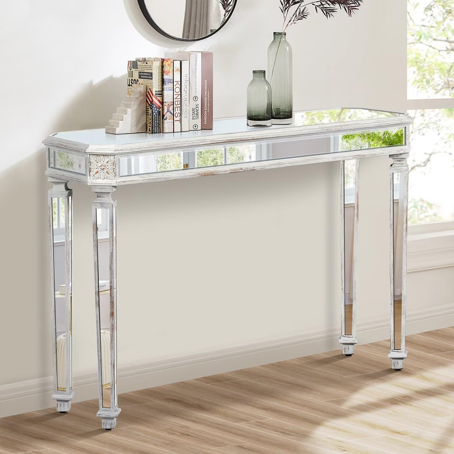 48-Inch Mirrored Console Table,Modern Entryway Table Glass Sofa Table with Mirror Finish, Rectangle Narrow,Accent Foyer Table for Living Room,Hallway, Entrance (Silver)