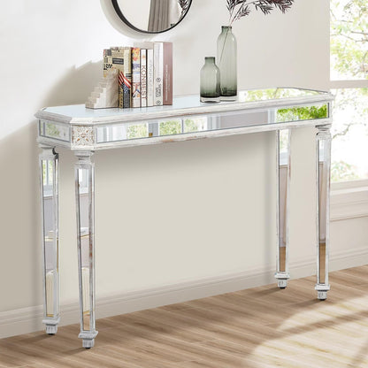 48-Inch Mirrored Console Table,Modern Entryway Table Glass Sofa Table with Mirror Finish, Rectangle Narrow,Accent Foyer Table for Living Room,Hallway, Entrance (Silver)