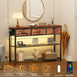 Furologee Console Table with Charging Station & 3 Fabric Drawers, 38'' Entryway Table with Storage Shelves and LED Light, Industrial Foyer Table for Entry Way, Display Shelf for Hallway, Rustic Brown Furologee