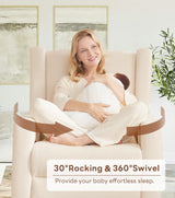 Tbfit 360° Swivel Recliner Chair, Nursery Rocking Chair with Lumbar Support & Footrest for Bedroom, Comfy Upholstered Armchair with Pillows & Storage Bag for Living Room (Beige, Hidden Ring Handle) Tbfit
