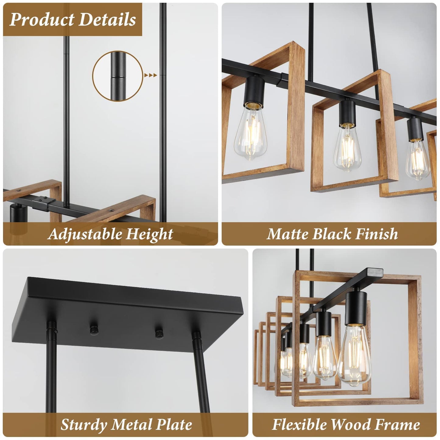 53’’ Farmhouse Kitchen Island Lighting, 5-Light Adjustable Dining Room Light Fixtures, Rustic Wood Chandeliers Black Hanging Light Fixtures for Kitchen, Pool Table Lights, Bulbs Not Included - WoodArtSupply