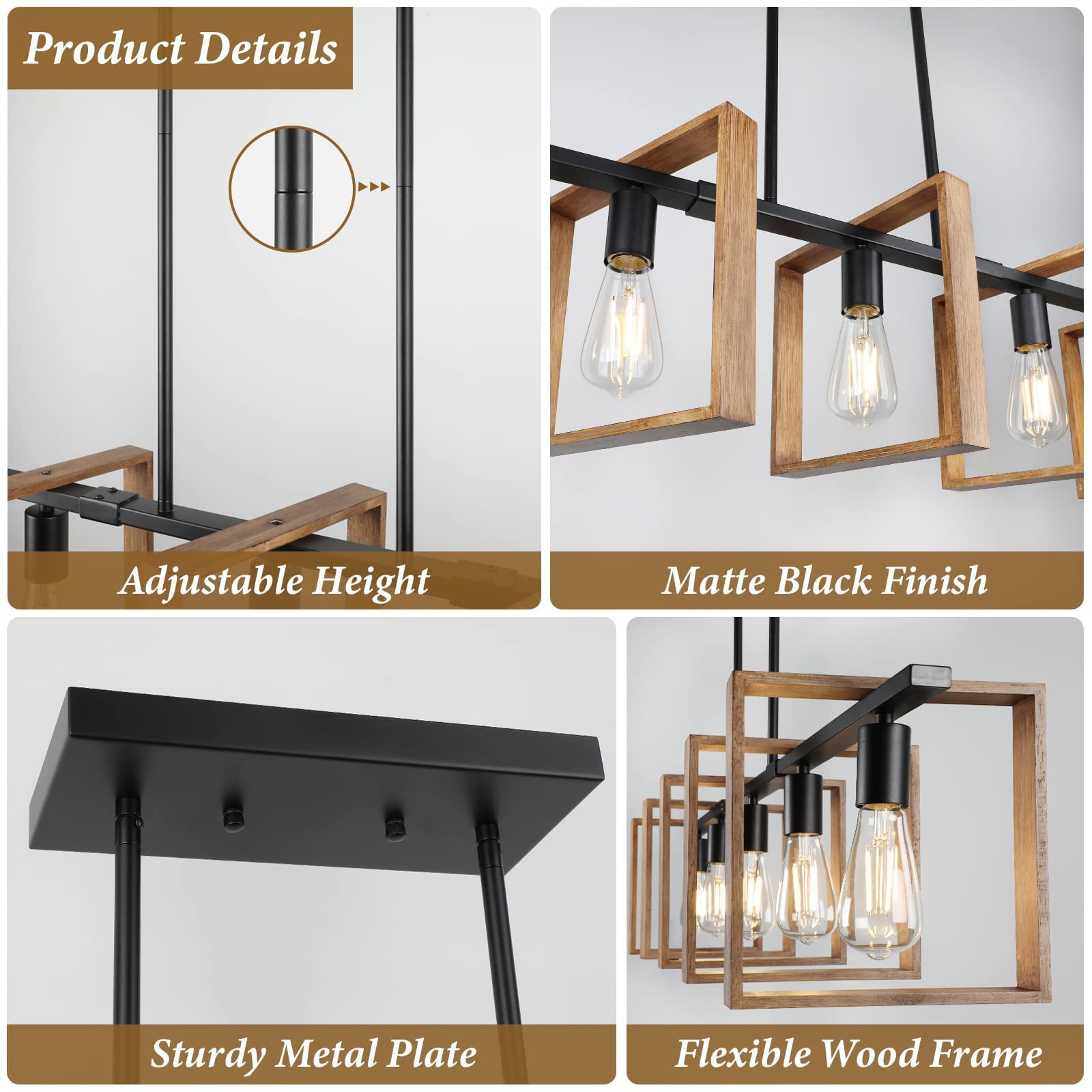 53’’ Farmhouse Kitchen Island Lighting, 5-Light Adjustable Dining Room Light Fixtures, Rustic Wood Chandeliers Black Hanging Light Fixtures for Kitchen, Pool Table Lights, Bulbs Not Included - WoodArtSupply