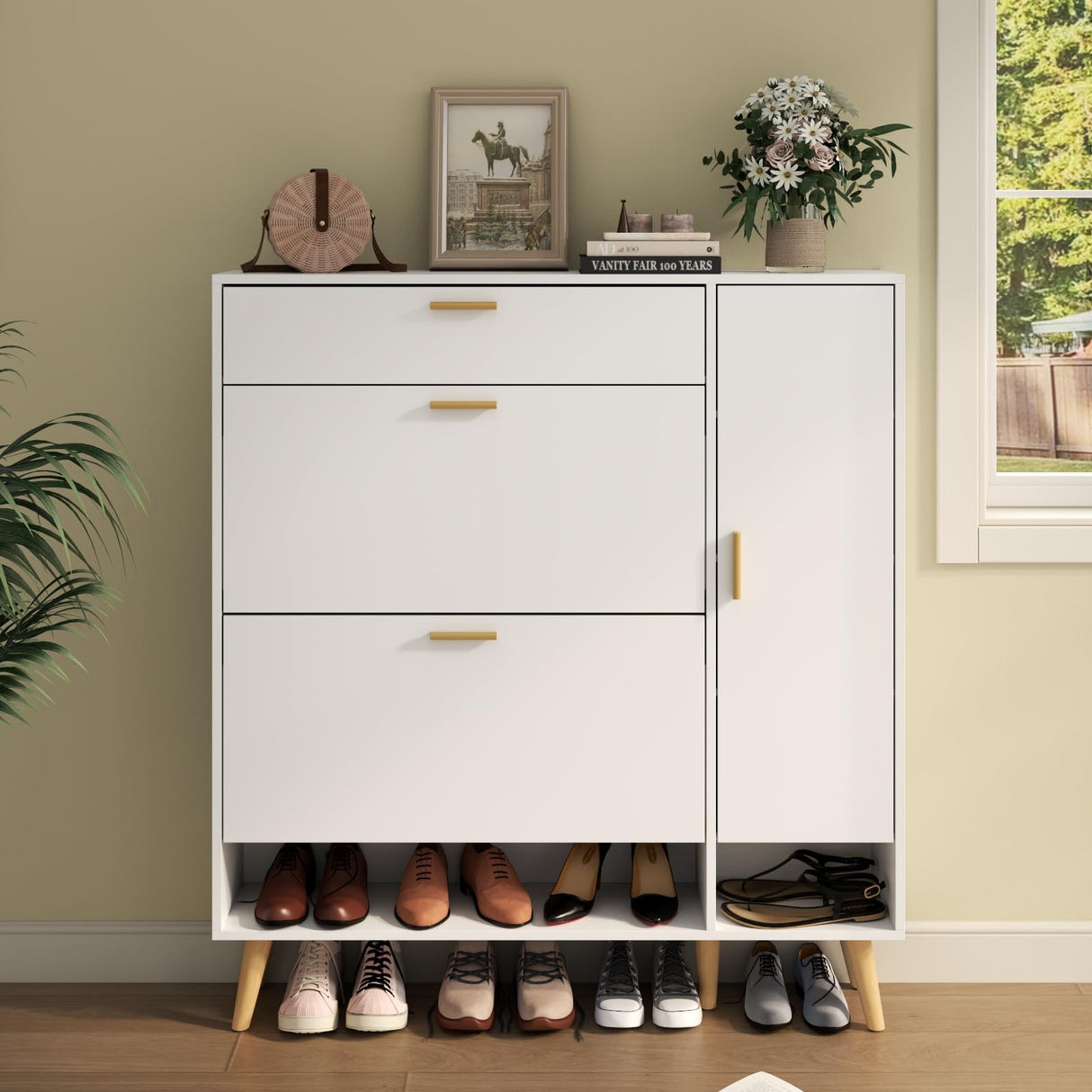 Gyfimoie Shoe Cabinet with 3 Flip Drawers & Side Cabinet and Adjustable Shelves, Narrow Entryway Hidden Shoe Rack with Doors, Hallway Organizer (White) Gyfimoie
