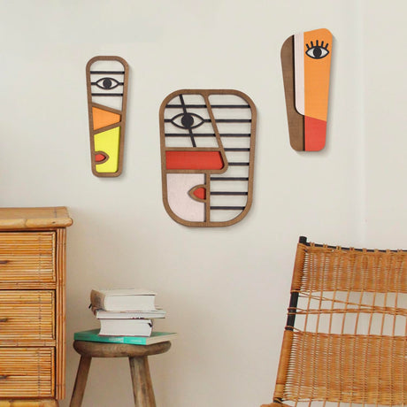 LIFVEAN Abstract Wood Picasso Wall Art Decor - Modern Minimalism Mask Home Wall Decor - Vintage Pop Wall Art for Bedroom Bathroom Living Room (3 Piece) LIFVEAN