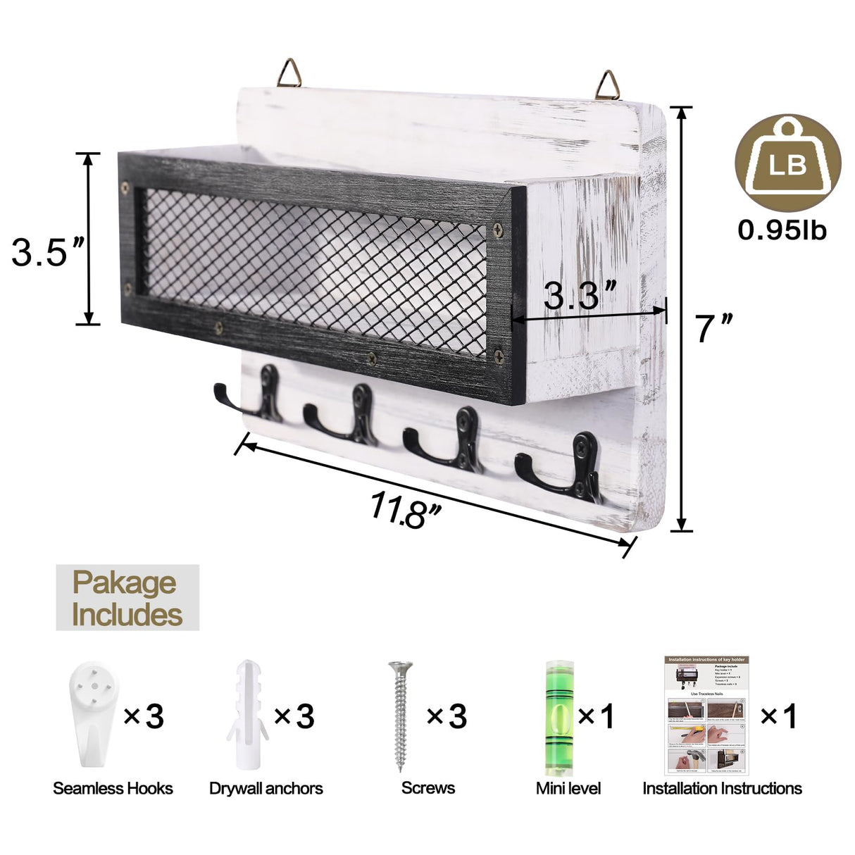 ADIIL Mail and Key Holder for Wall Decorative, Wooden Wall Key Rack Organizer with 4 Double Key Hooks, Wall Mount Key Hanger for Wall with Shelf, Rustic Home Decor for Entryway Hallway, White ADIIL