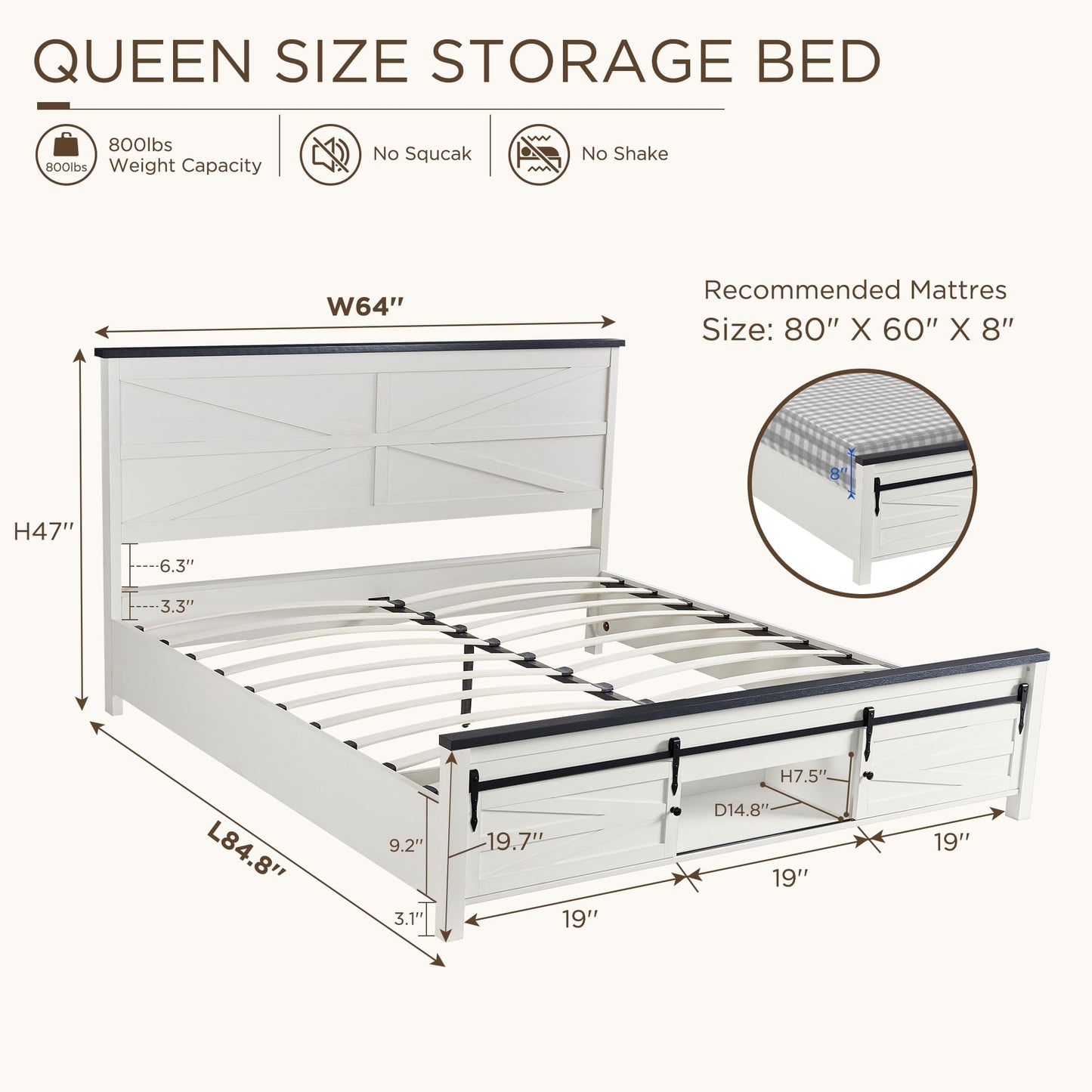 Farmhouse Queen Bed Frame with Sliding Barn Door Storage and Headboard by JXQTLINGMU - WoodArtSupply