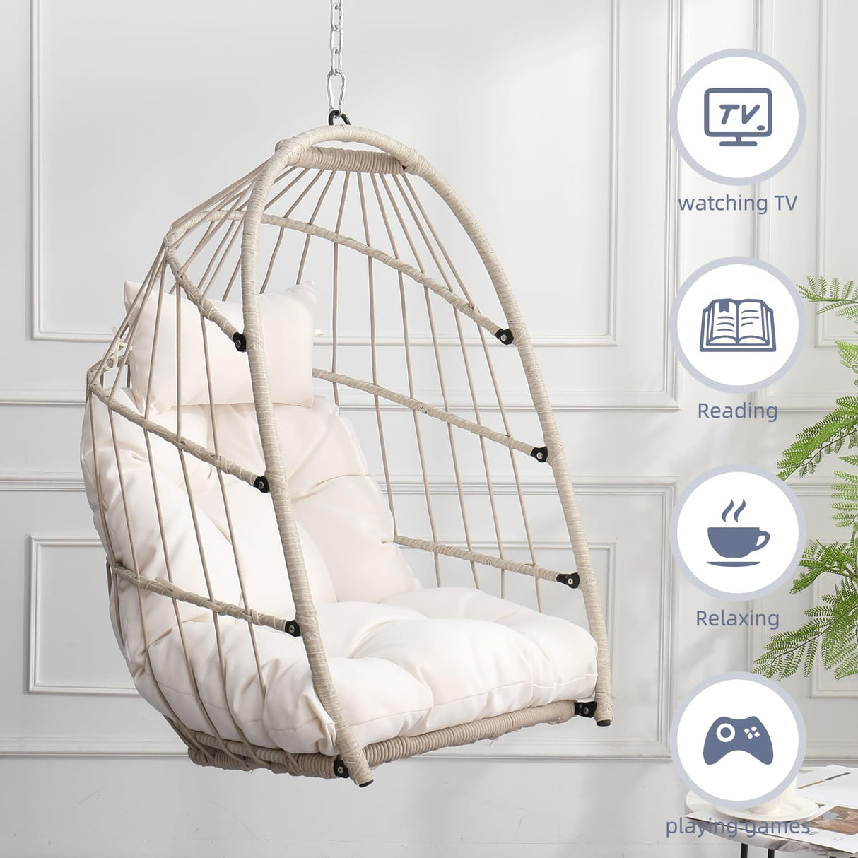 Hanging Egg Chair, Patio Wicker Hammock Egg Basket Chair with Cushion, Outdoor Rattan Swing Hammock for Balcony Garden Bedroom, White (Stand not Included) BELTGEEK