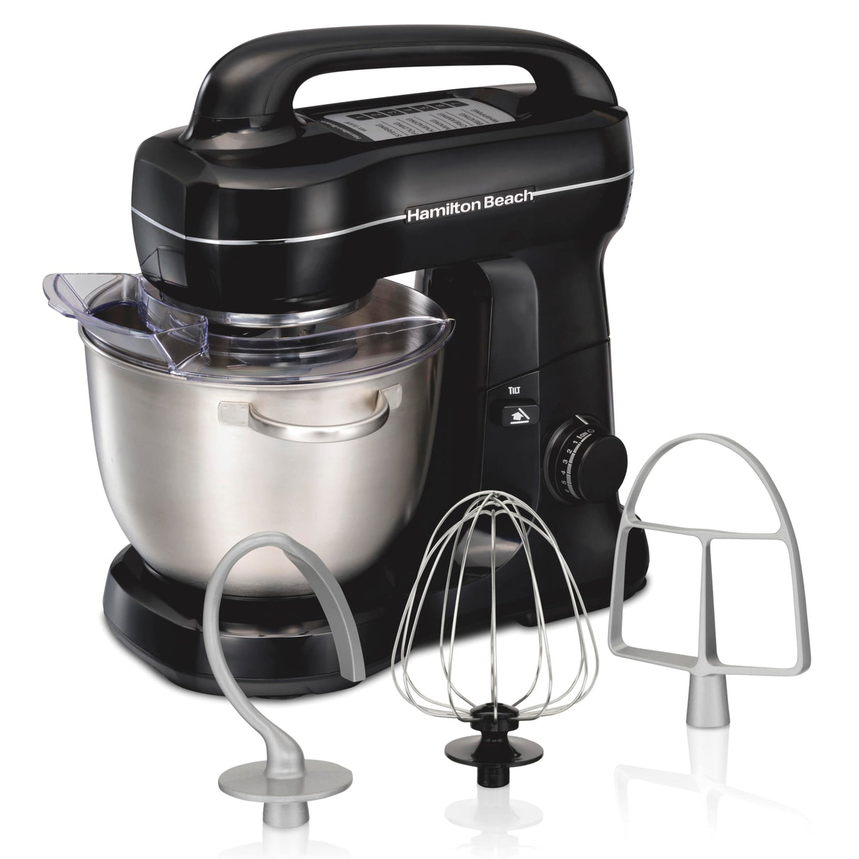 Hamilton Beach Electric Stand Mixer, 4 Quarts, Dough Hook, Flat Beater Attachments, Splash Guard 7 Speeds with Whisk, Black with Top Handle Hamilton Beach