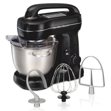 Hamilton Beach Electric Stand Mixer, 4 Quarts, Dough Hook, Flat Beater Attachments, Splash Guard 7 Speeds with Whisk, Black with Top Handle Hamilton Beach