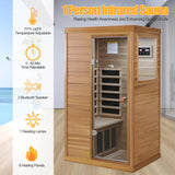 Infrared Home Sauna Room 1 Person Mini Infrared Sauna 1050W Dry Saunas for Home Red Cedar Wooden Indoor Sauna Spa with 6 Low EMF Heaters, Bluetooth Speakers, LED Reading Lamp, Tempered Glass SALUSHEAT